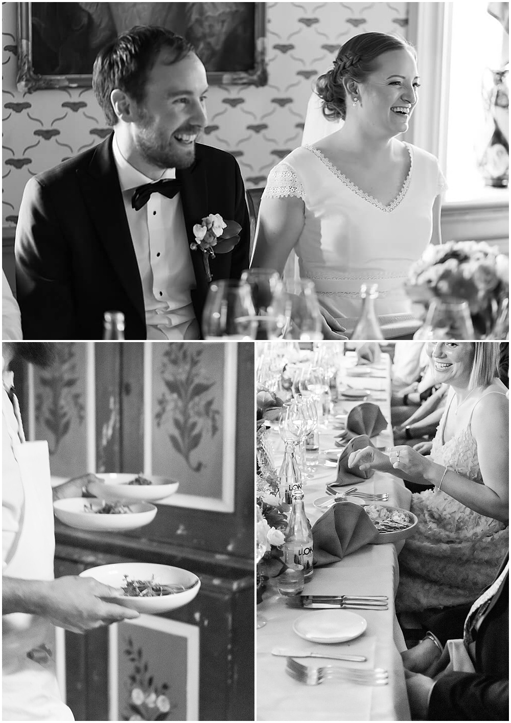 Wedding dinner at Grythyttans boutique hotel during intimate destination elopement wedding