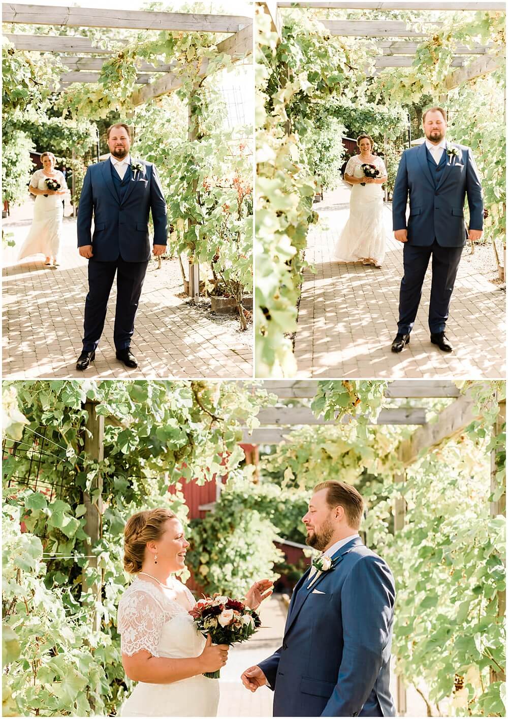 First look under the grapevines at vineyard wedding