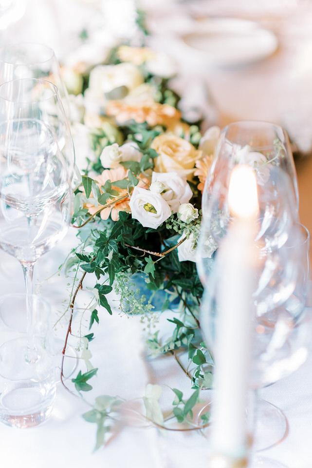 Wedding dinner table with flower decorations at Grythyttans boutique hotel
