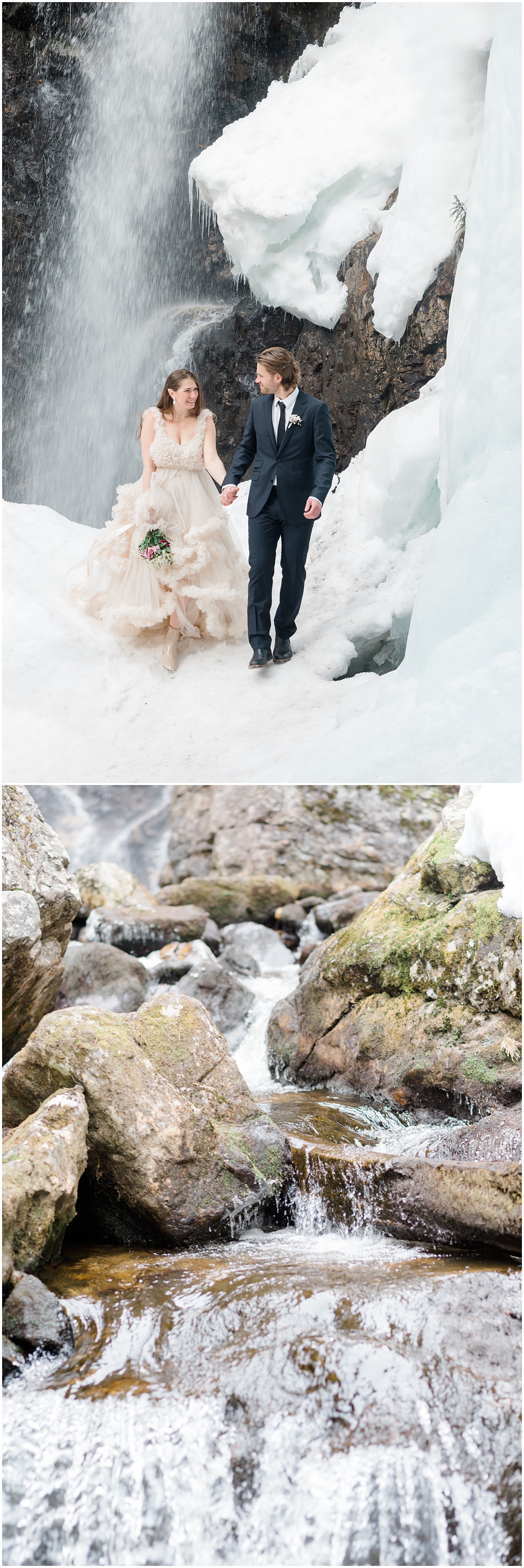 Bride and groom by waterfall in the winter
