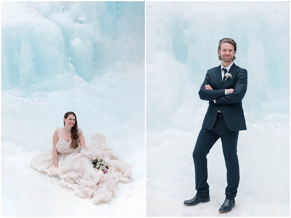 Bride and groom by blue ice wall snow