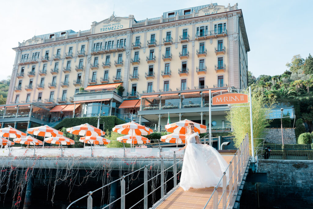Bride on the dock at the Grand Hotel Tremezzo