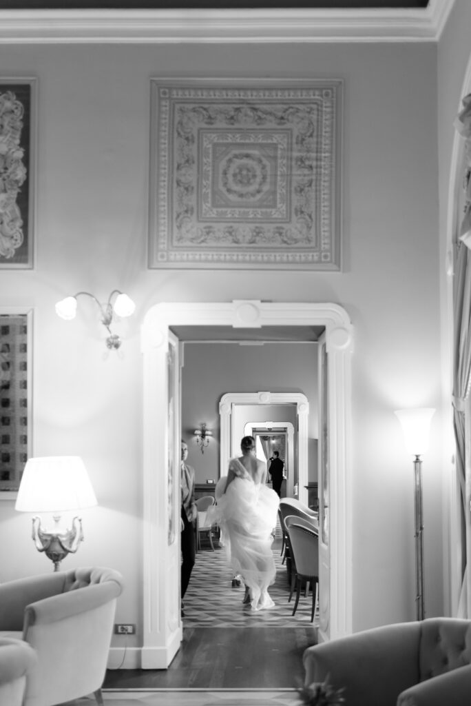 Bride getting ready to leave the Grand Hotel Tremezzo for an intimate elopement ceremony