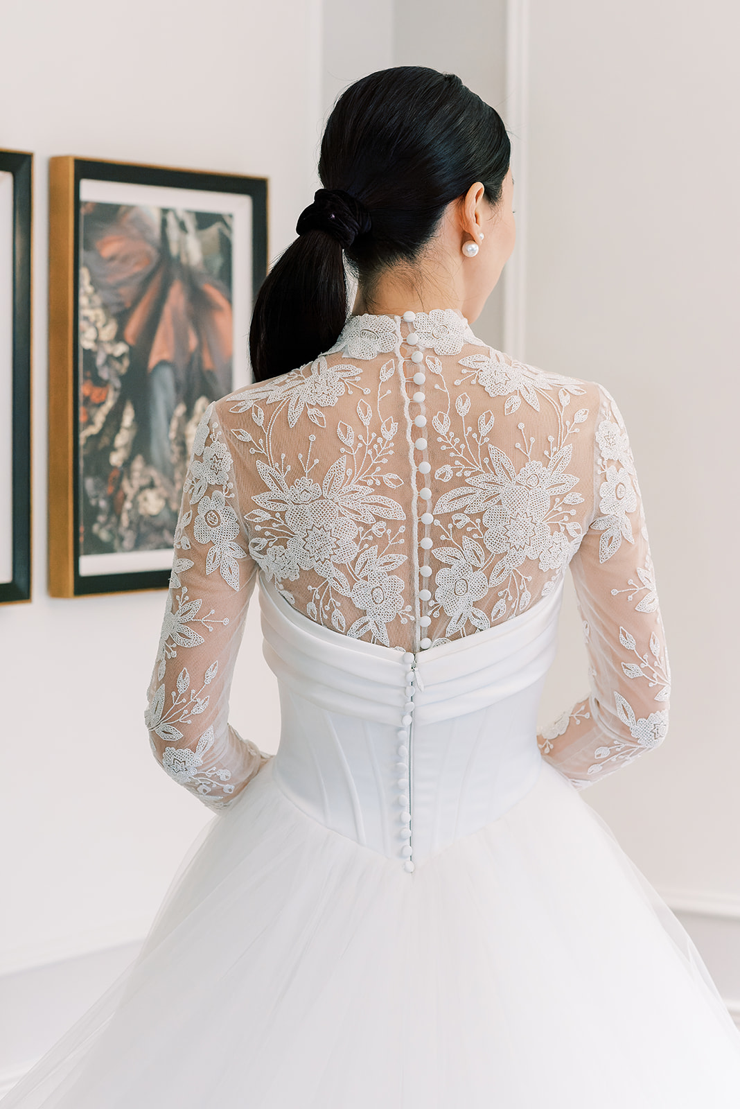 Luxury bridal dress designer Amsale at NYBFW photographed by annalundren.co, wedding dress Onyx with lace topper