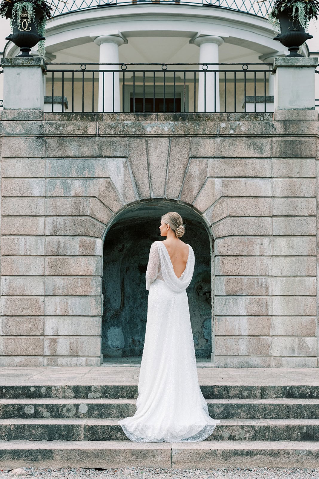 Rosersbergs Castle Hotel wedding inspiration bride in dress with open back, photographed by annalundgren.co