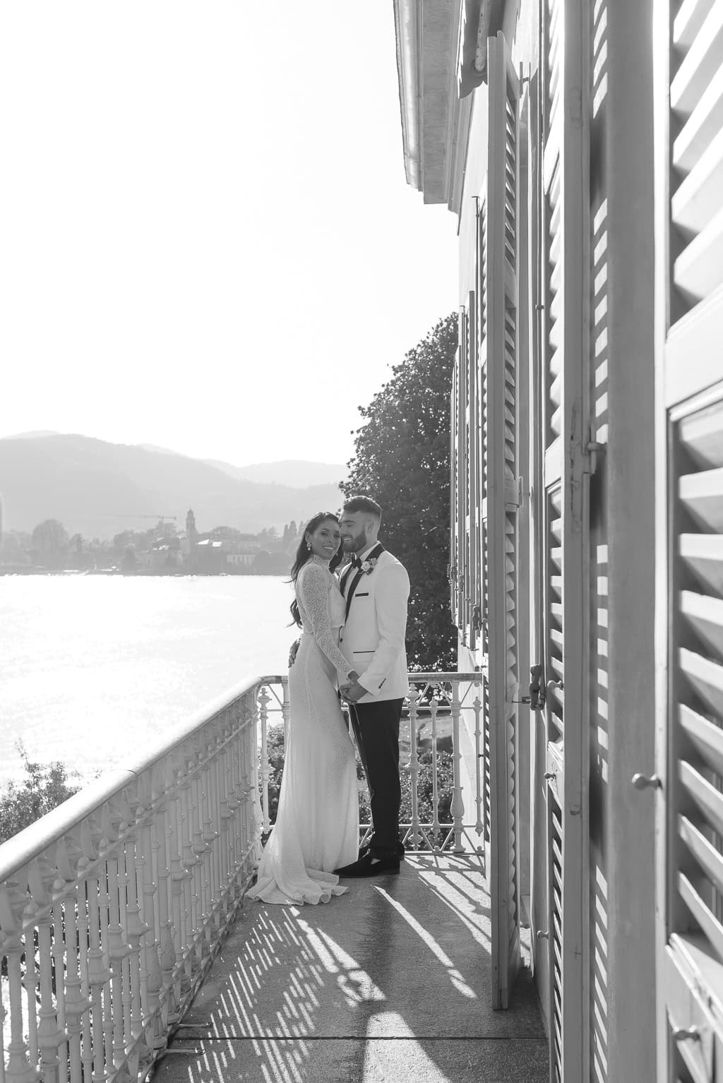 Wedding inspiration outdoor terrace couple portrait at Villa Pizzo