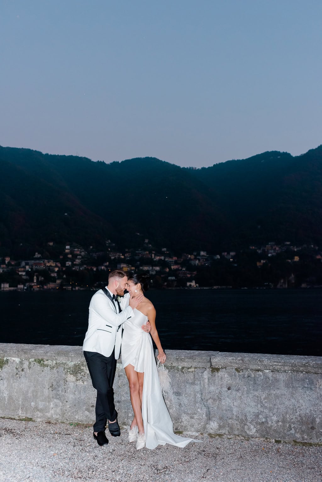 Evening portrait in second dress by Lake Como at Villa Pizzo wedding inspriation